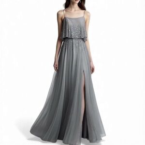 Gray Beaded Tulle Gown